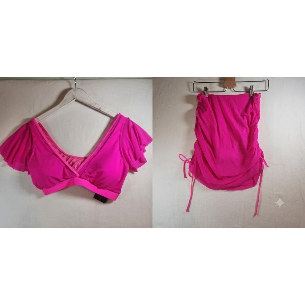 Hot Pink Ruffle Flutter Sleeve Bikini Set with Ruched Mesh Swim Skirt Size M